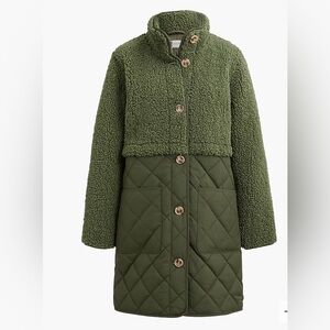 NWT J. Crew Mixed Media Sherpa Coat in Distressed Fatigue Green